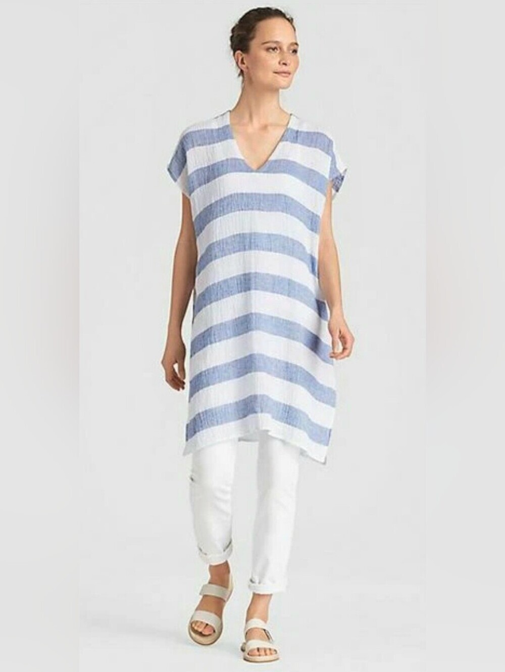 NWT EILEEN FISHER STRIPED ORGANIC LINEN CRINKLE GAUZE TUNIC - Picture 2 of 7
